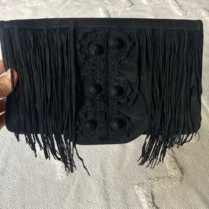 Embroidered Suede Fringe Clutch